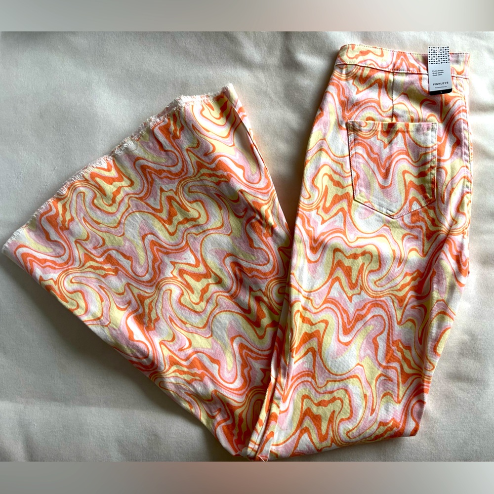 NWT Marbled Raw Hem Flares, Size L.